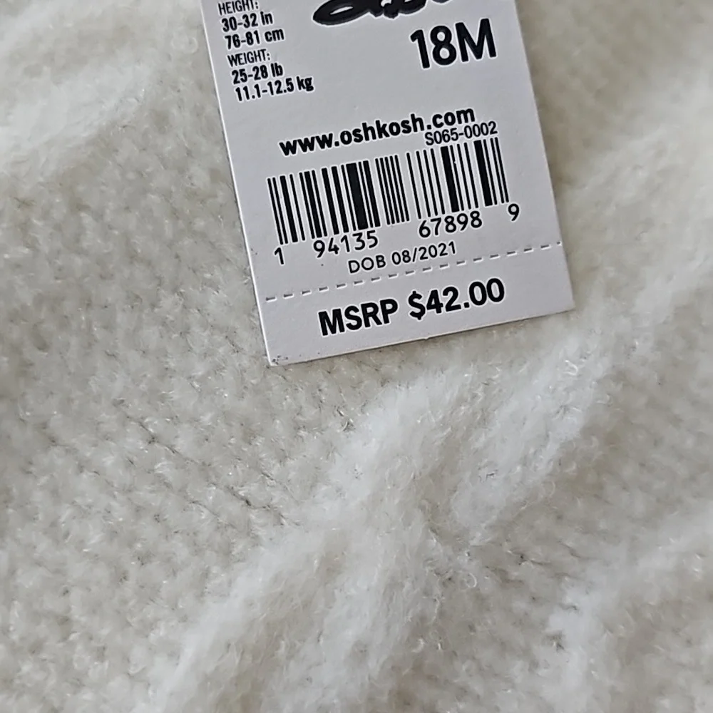 Oshkosh B'gosh Ivory Cable Knit One Piece Sweater 18 Months NEW